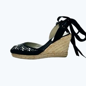 ANNE KLEIN BLACK SATIN WEDGE PEEP TOE ESPADRILLES W SATIN ANKLE WRAP & CRYSTALS
